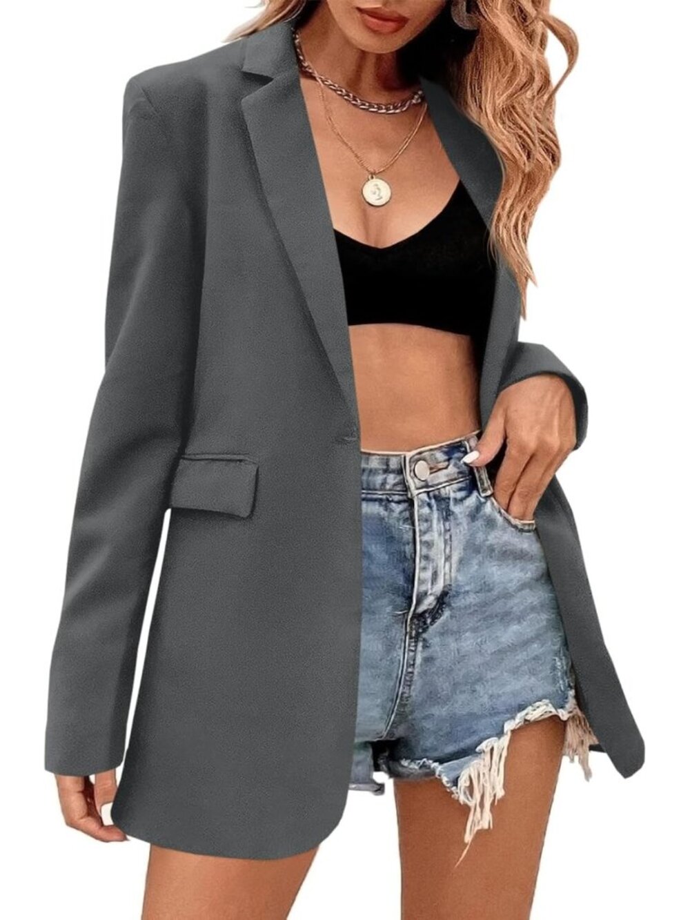 🆕Women's Dark Grey Loose Fit Single Button Blazer Long Sleeve Office Suit Coat